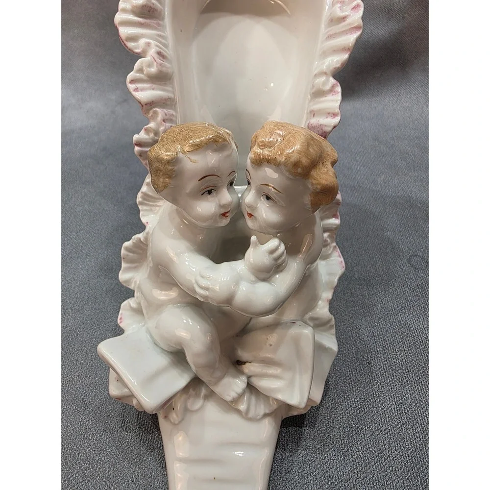 Vintage Porcelain Cherub Figurine High Heel Shoe Planter Japan White Pink